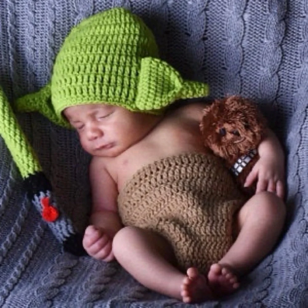 NWOT CUSTOM MADE Green Knit Baby Yoda Hat & Diaper Cover Infant Photos Costume